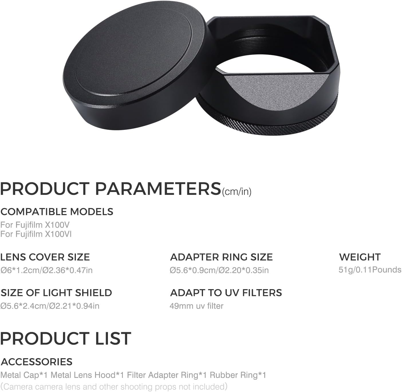 49mm X100V/X100VI Metal Square Lens Hood (with Cover) with UV Filter Adapter Ring Compatible with for Fujifilm