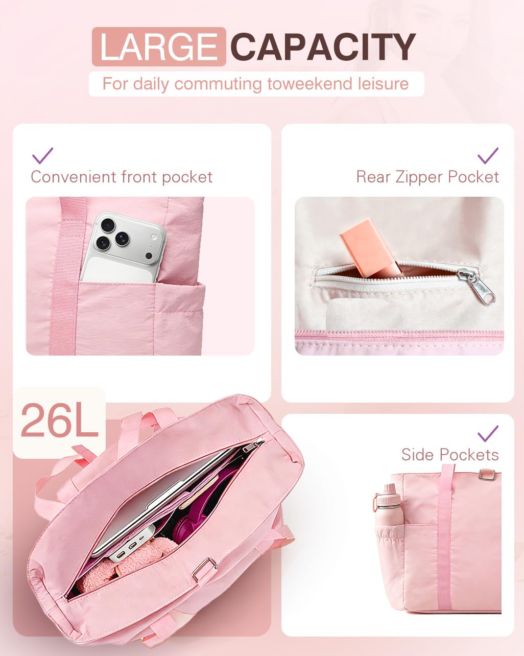 YANLIFY Tote Bag for Women, 26L Capacity Travel Purses Work Bag, Small Zipper Tote Bag for Travel Nurse Gym Teacher, Lightweight Nylon Shoulder Handbag with Hidden Yoga Mat Strap