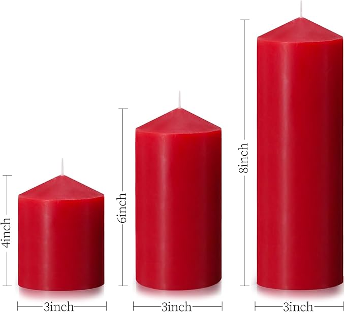Pillar Candles 3 x 4, 6, and 8 inches, Large Handmade Candles Set of 3, Red Decorative Candles for Wedding, Home Decoration, Dinner, Church
