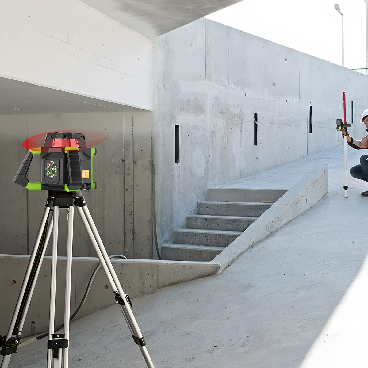 Huepar Electronic Self-Leveling Rotary Red Laser Level Kit - 360 Horizontal Laser Beam Interior/Exterior Rotating Laser Level Tool with Receiver, Protective Glasses, Hard Case RL300HR