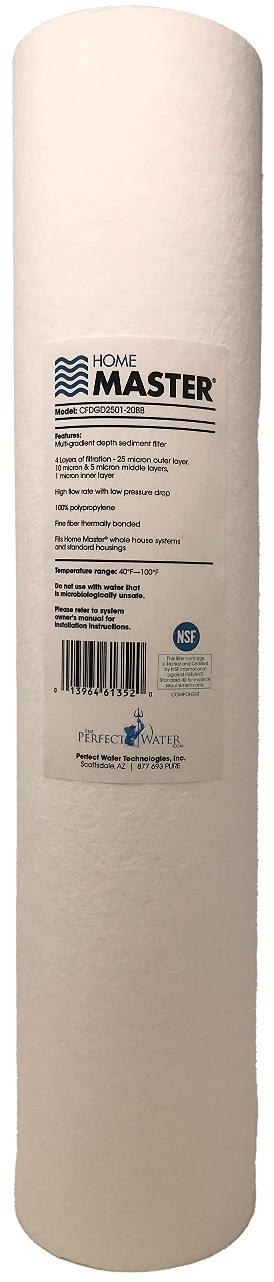 Home Master CFDGD2501-20BB Replacement Whole House Sediment Filter, 4-layers 25 to 1 Micron Nominal, High-flow 20gpm, Fits Big Blue, 20" x 4.5"