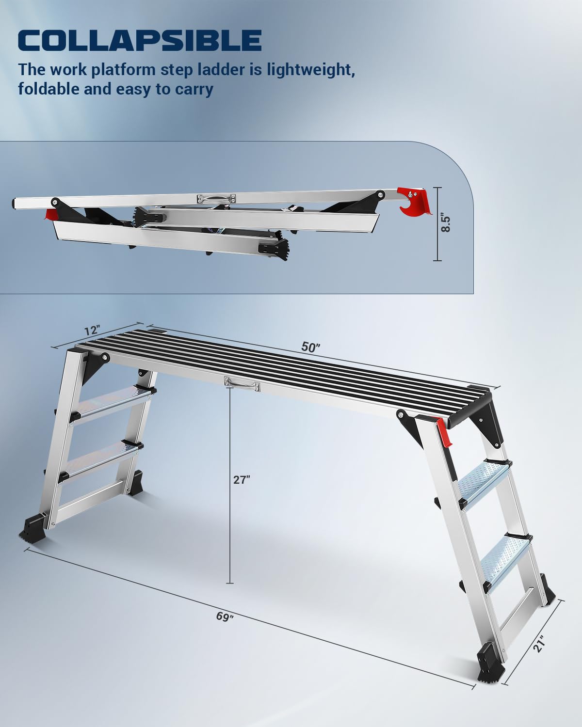 Aluminum Work Platform, Folding Work Platform Two Step Ladder, 50"×12"×27" Heavy Duty Ladder 𝐋𝐚𝐫𝐠𝐞 𝐒𝐢𝐳𝐞 Step Stool for Home, Office, Workshop and Garage