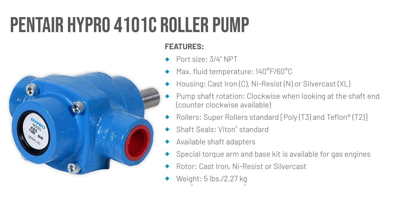 PENTAIR HYPRO 4101C 4-Roller Pump, Cast Iron Sprayer Pump, 7.2 GPM, 150 PSI, 2600 RPM, Solid Shaft, Viton Seals, Ideal for Fertilizer, Chemical Transfer, and Industrial Liquids