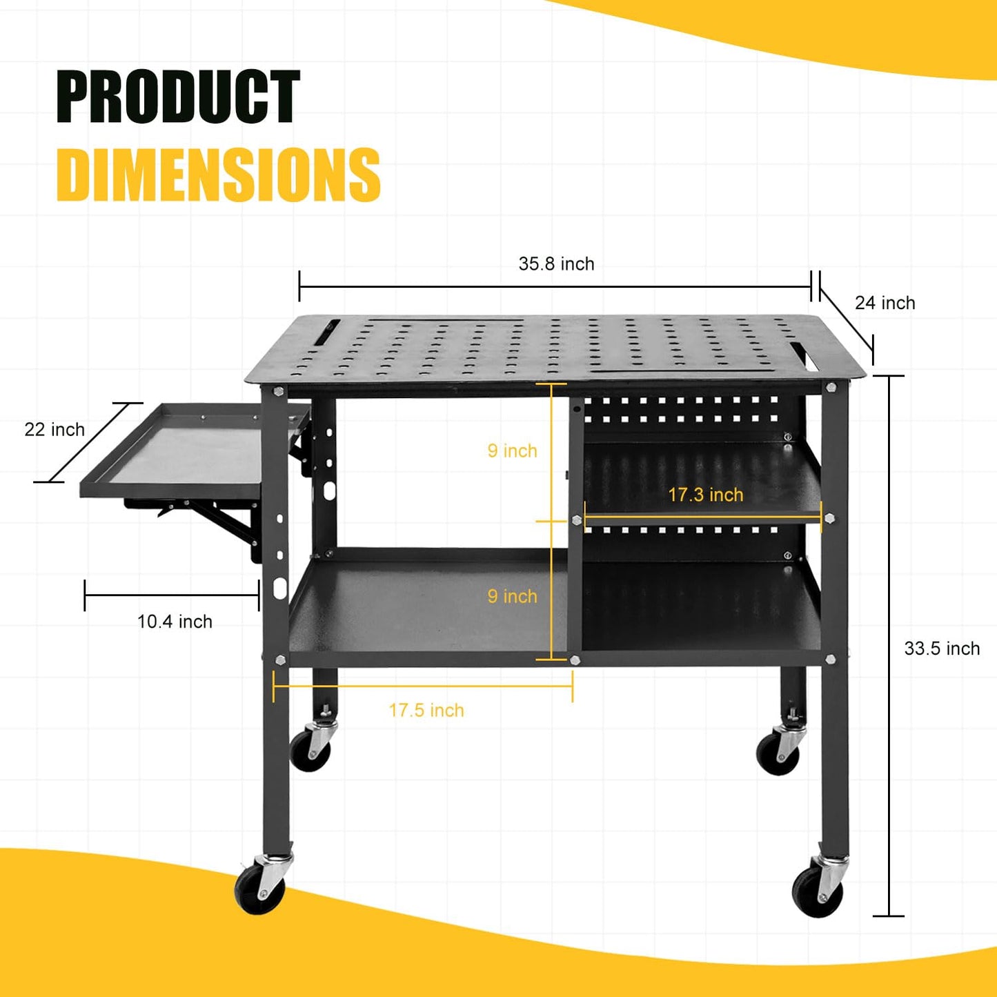 DIYTUNINGS Welding Table 1200 lbs Load Capacity Workbench, Movable Steel Workstation with Foldable Tray, 36" X 24"Universal Work Table for Sawing