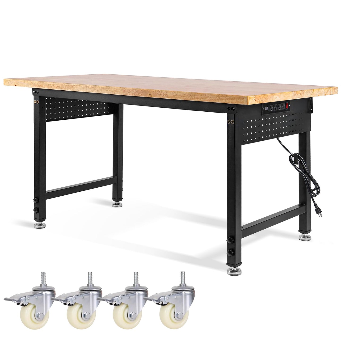 MUWOOD Height Adjustable Workbench with Wheels 60”×22” Heavy Duty Work Table 2000 LBS Capacity Rolling Work Table Rubber Wood Work Station with Power Outlet & Pegboard for Garage, Office, Workshop