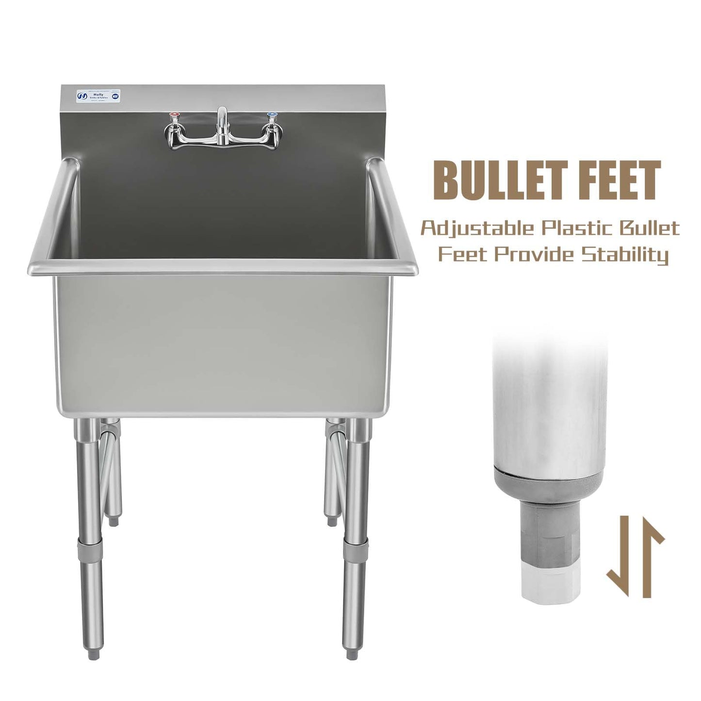 HALLY Commercial Stainless Steel Sink 1 Compartment NSF Prep & Utility Sink with 8" Faucet 24" L x 24" W x 12" D Bowl for Bar, Restaurant, Kitchen, Hotel and Home