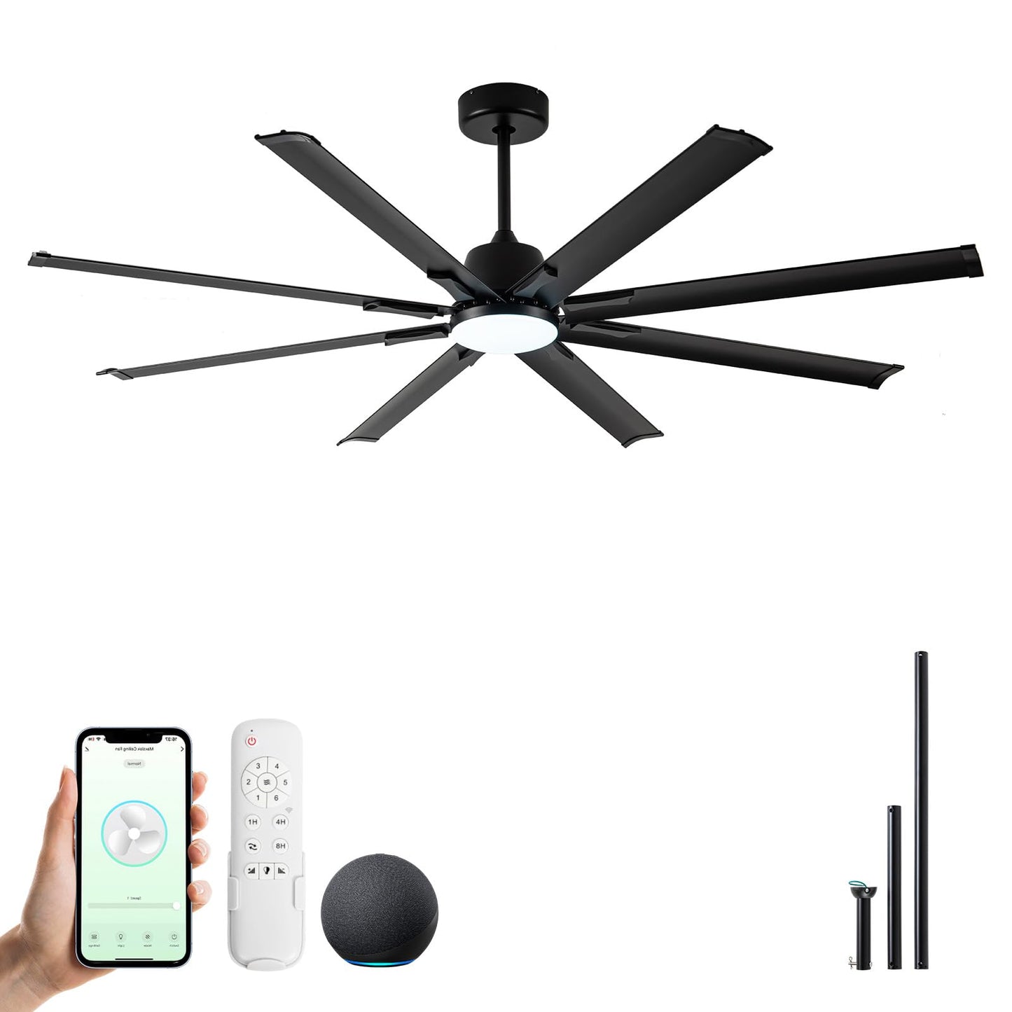 Minislak 72 Inch Ceiling Fan with Light,Industrial Ceiling Fan with 8 Black Aluminium Blades,Smart Fan Compatible with Alexa,Garage Outdoor Indoor Fan for Patio and Living Room
