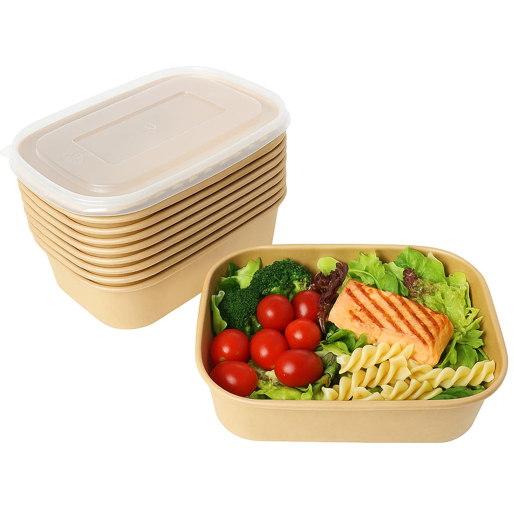 AQYIIH 25 oz 50-Pack Disposable Paper Meal Prep Containers with Lids – Square Paper Salad Bowls for Takeout, Freezer & Microwave Safe