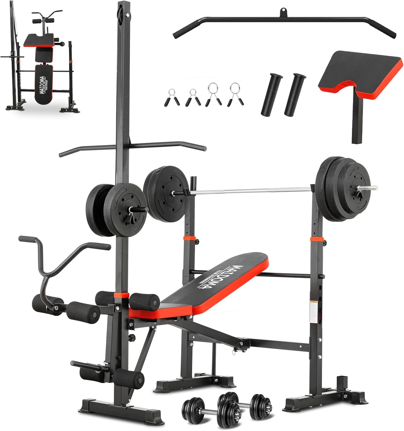 MAIDOMA Foldable 1500LBS 8 IN 1 Olympic Weight Bench Set with Squat Rack, Leg Extension/Curl & Preacher Curl, Adjustable Bench Press Set with Safety Bar Catches for Home Gym Full Body Workout