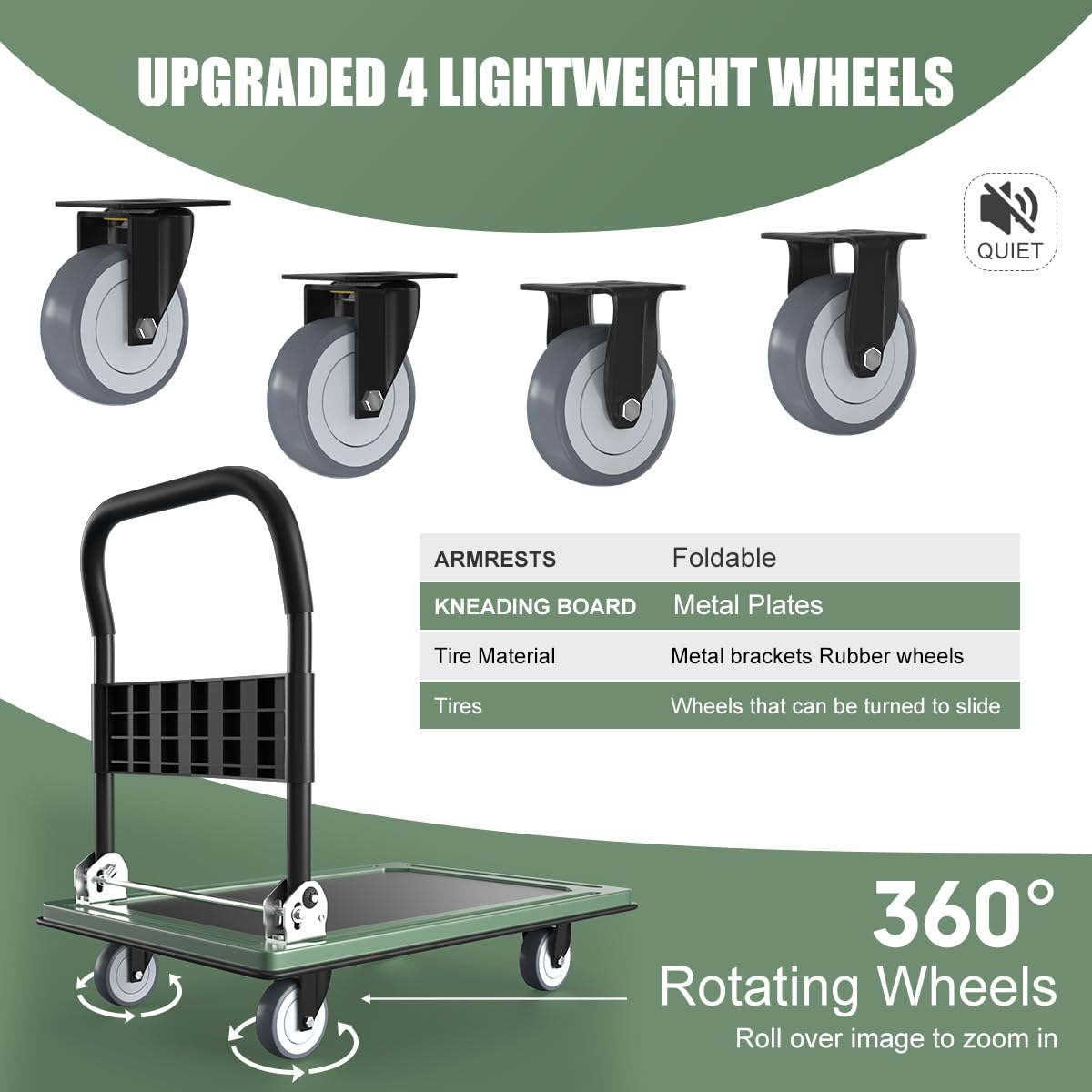 WUD Push Cart, Folding Mobile Platform Trolley,Thickened and Reinforced, 360° Swivel Wheels,35.4 “L x 23.6 ”W, 1100 lb. Green Dolly cart with Wheels