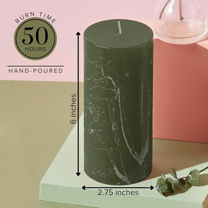 Simply Soson 3x6 inch Dark Moss Green Rustic Oakmoss Pillar Scented Candle - 3 Pack - for Home Decor, Aromatherapy, Weddings, Restaurants, Spa,