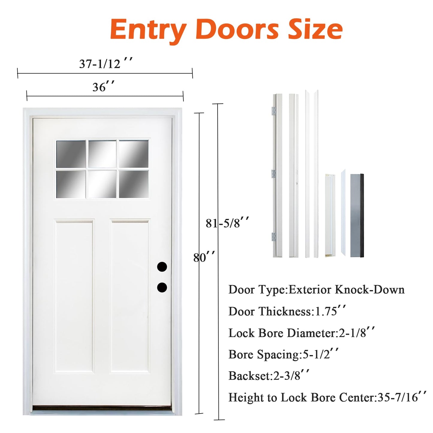 36‘’ x 80‘’ White Fiberglass Entry Door with Frosted Glass, Front Door with White Vinyl Frame and Brickmould, Left Inswing Exterior Door for Residential Entrance