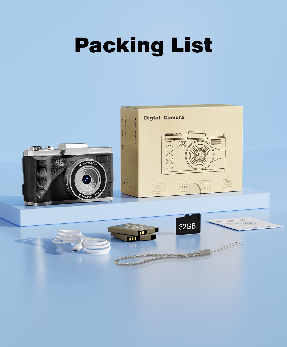 EJXHKNF 4K 64MP 16X 2 32GB Digital Camera for Photography, Autofocus Vlogging Camera for YouTube Video, Rear and Front