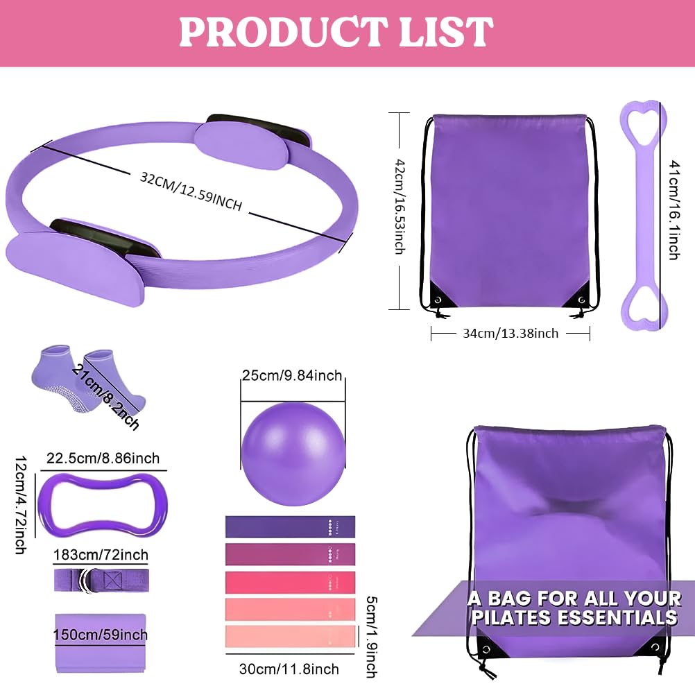 Karltion Pilates Ring 13 Piece Set,Pilates Kit for Women Exercise Equipment Accessories Deformation Magic Circle with Padded Handles, Workouts Ball, Guide & Bag, Resistance Bands for Legs Arms-Purple
