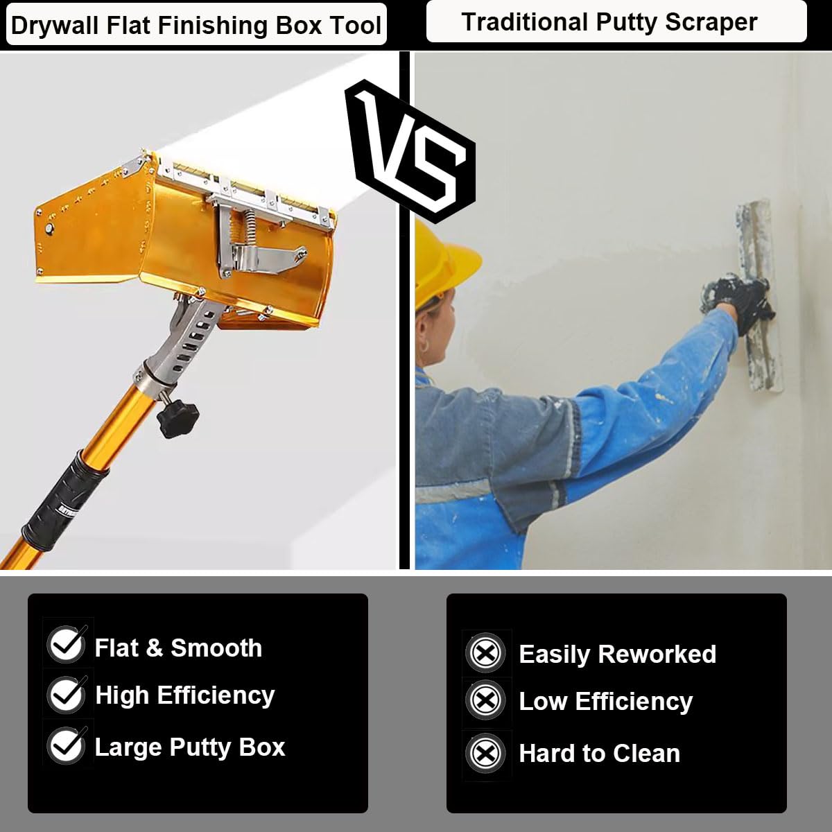 EWANYO 10 inch Drywall Flat Finishing Box with Extension Handle Adjustable Height 40''-64'', Aluminum Drywall Flat Finishing Box Tool Finishing Mud Box for Plasterboard Wallboard Sheetrock