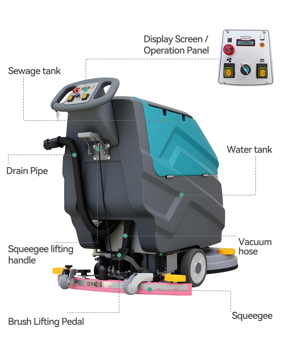 Walk Behind Commercial Floor Scrubber Machine, 22" Cleaning and 33" Suction Width, 18.5-Gal Sewage and 15.9-Gal Water Tank, 32000 Sqft/h, Cordless, Complete Set of Parts
