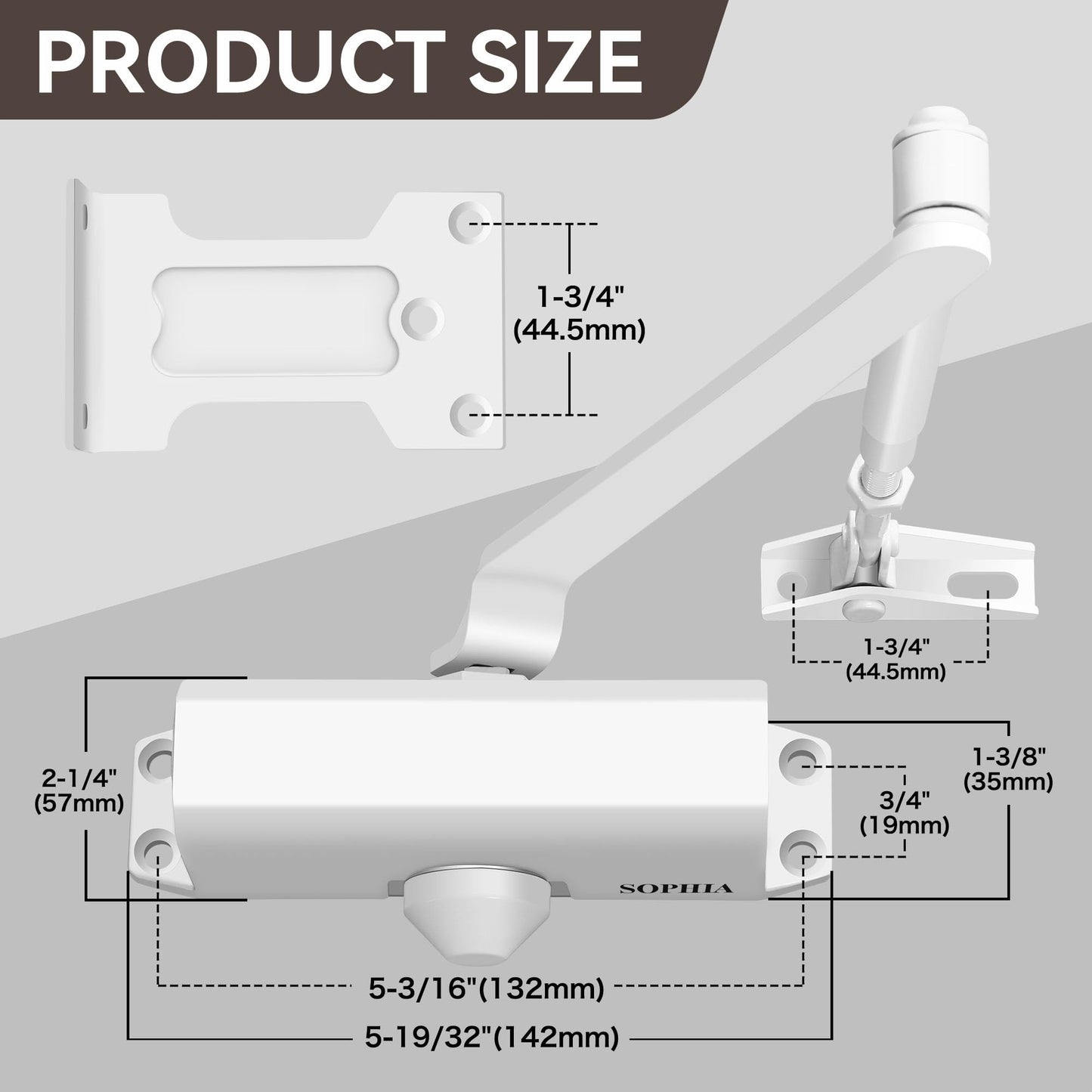 SOPHIA Door Closer for Home, Hydraulic Automatic Door Closer for Residential & Light Commercial Use for Door Weight 55-99LBS, Adjustable Speed, Life Size Fitting Templates, Size 2, White