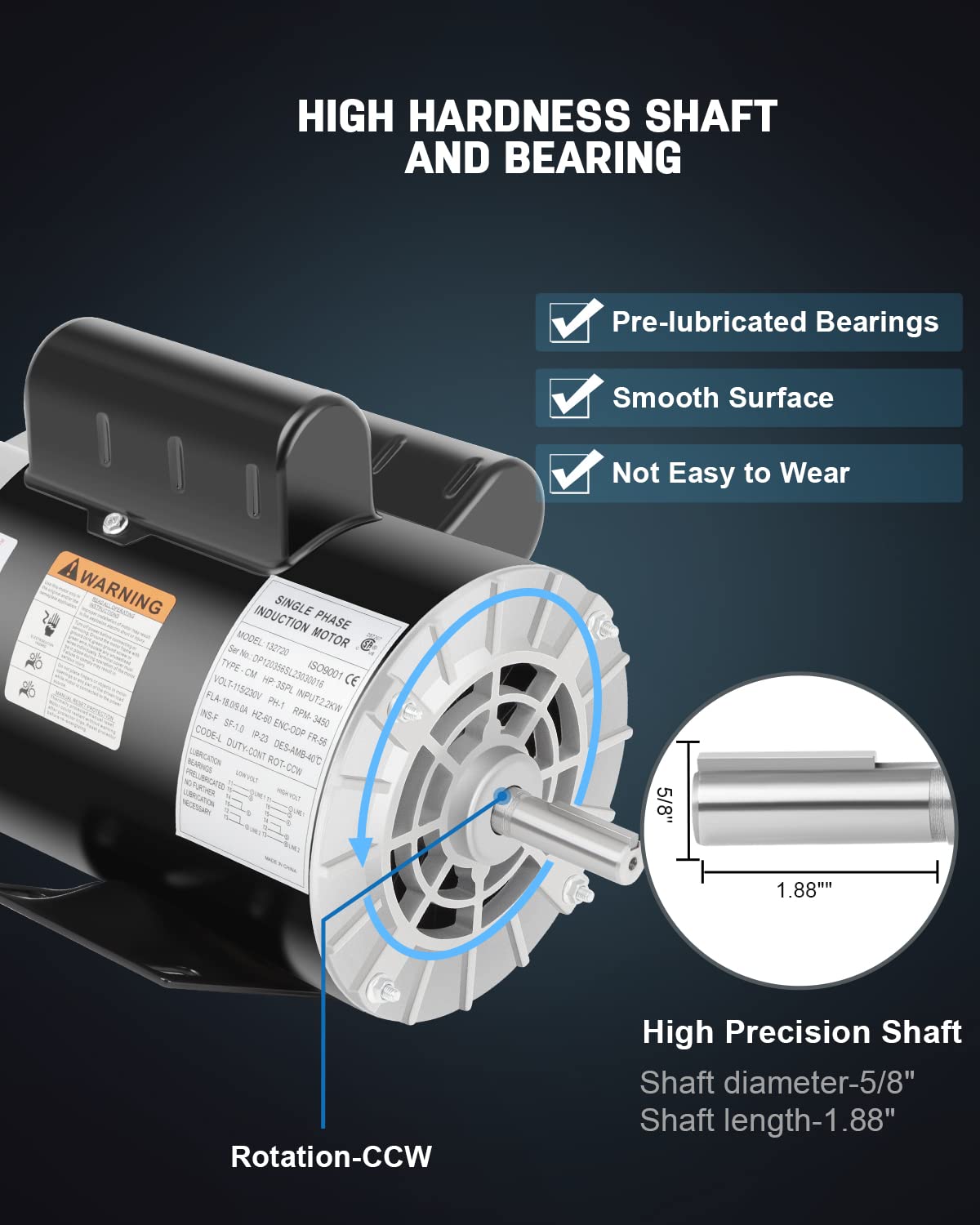 Air Compressor Electric Motor, 3HP SPL 3450 RPM, 115/230V Single Phase, 56 Frame 5/8 Keyed Shaft 60 Hz, Commercial-Duty CCW Rotation, 1.88 Shaft Length for Air Compressors