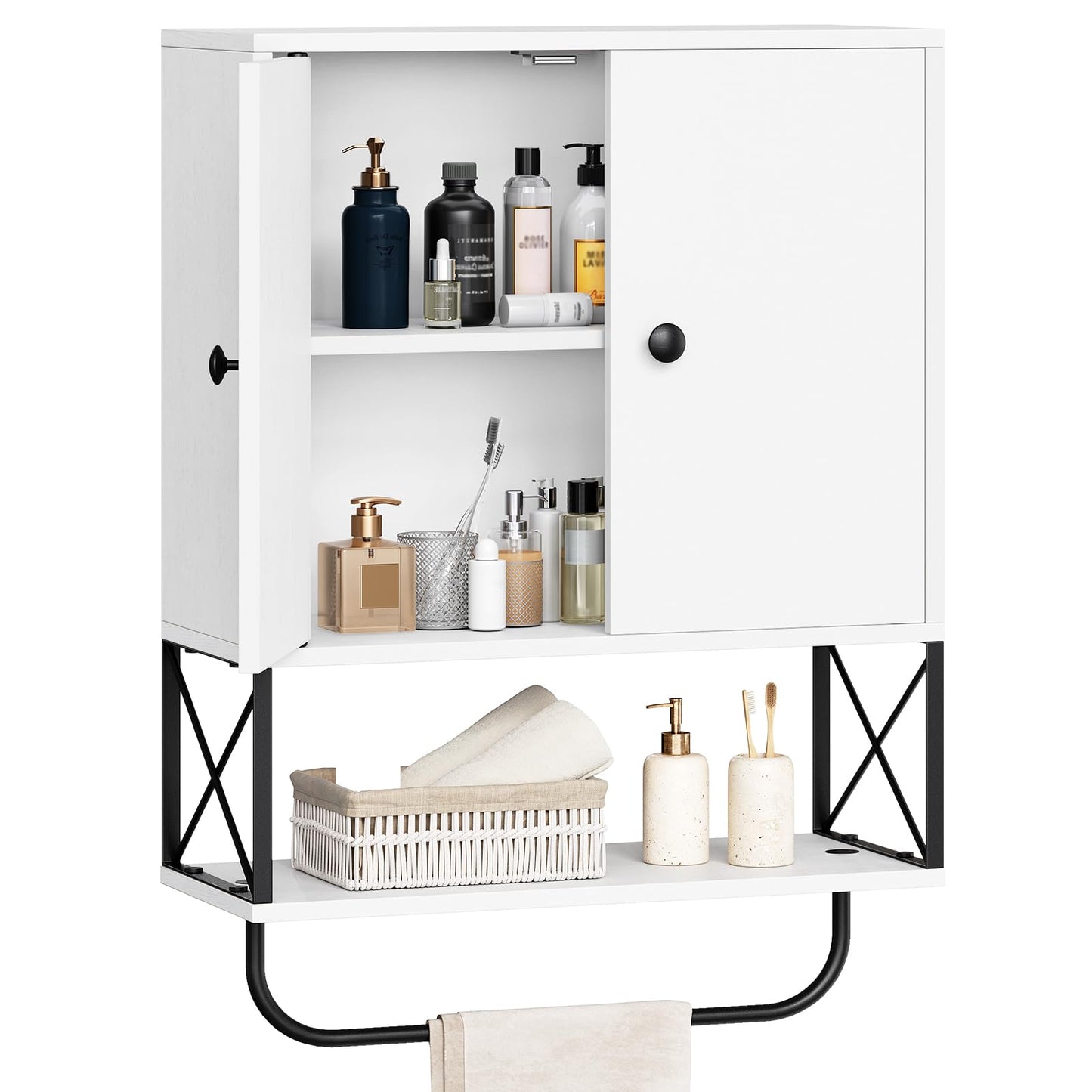 MAHANCRIS Bathroom Wall Cabinet with 2 Door and Adjustable Shelf, Farmhouse Medicine Cabinet with Towel Rack, 3-Tier Wall Mounted Storage Cabinet Over The Toilet for Bathroom, 18.9" L, White