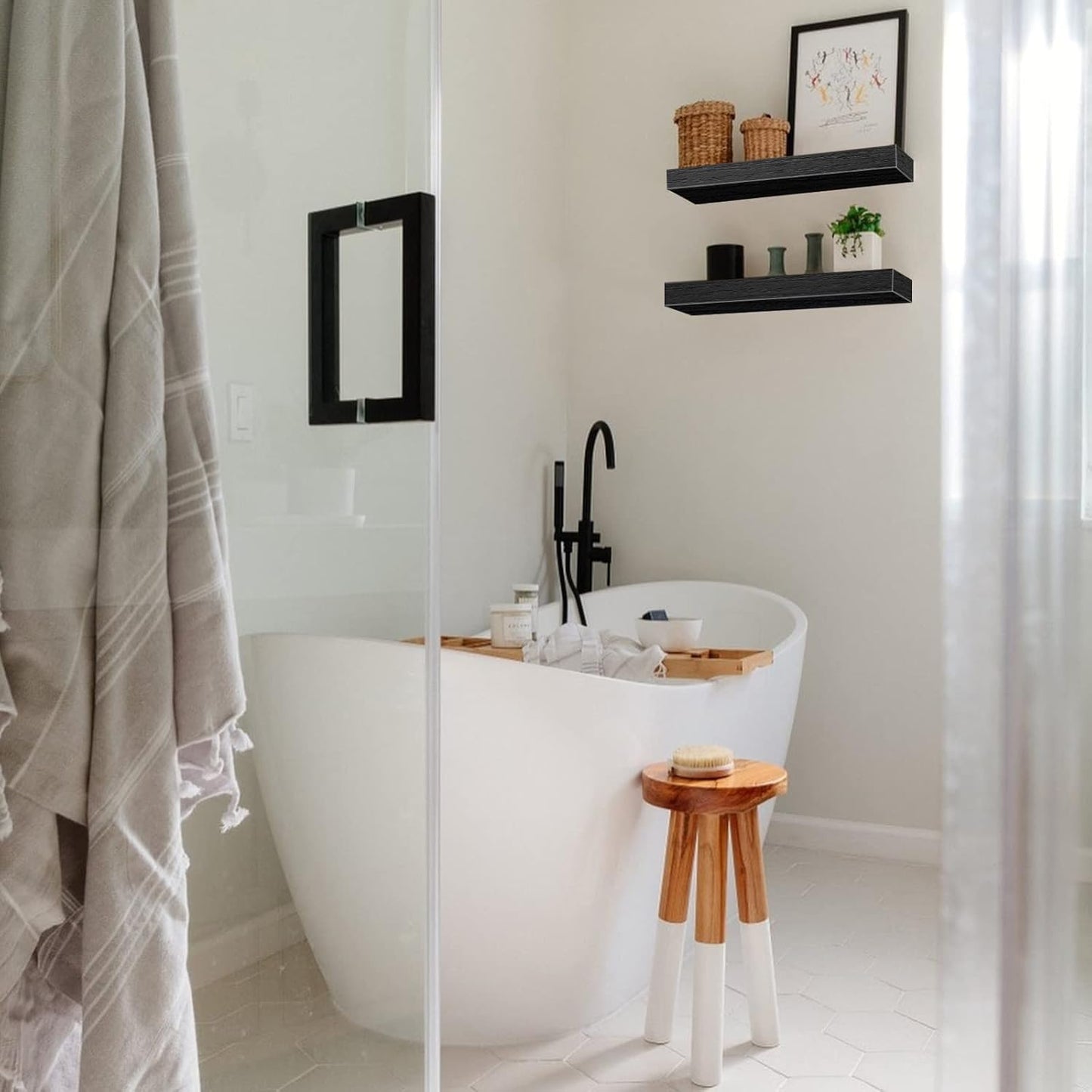 QEEIG Floating Bathroom Shelves - Wall-Mounted Farmhouse Decor | Set of 2, 15.7" x 6.7", Black