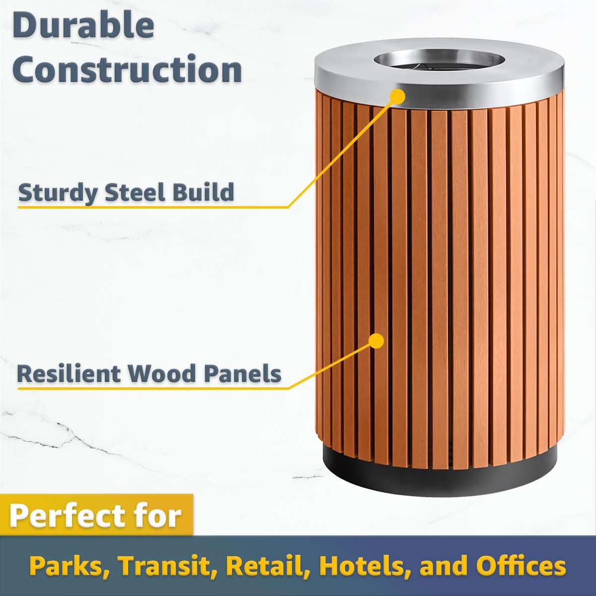 Zedfire 17 Gallon Round Outdoor Trash Can - Heavy Duty Steel & Wood Composite Commercial Decorative Garbage Bin with Open Lid, Durable Park, Retail & Transit Waste Container