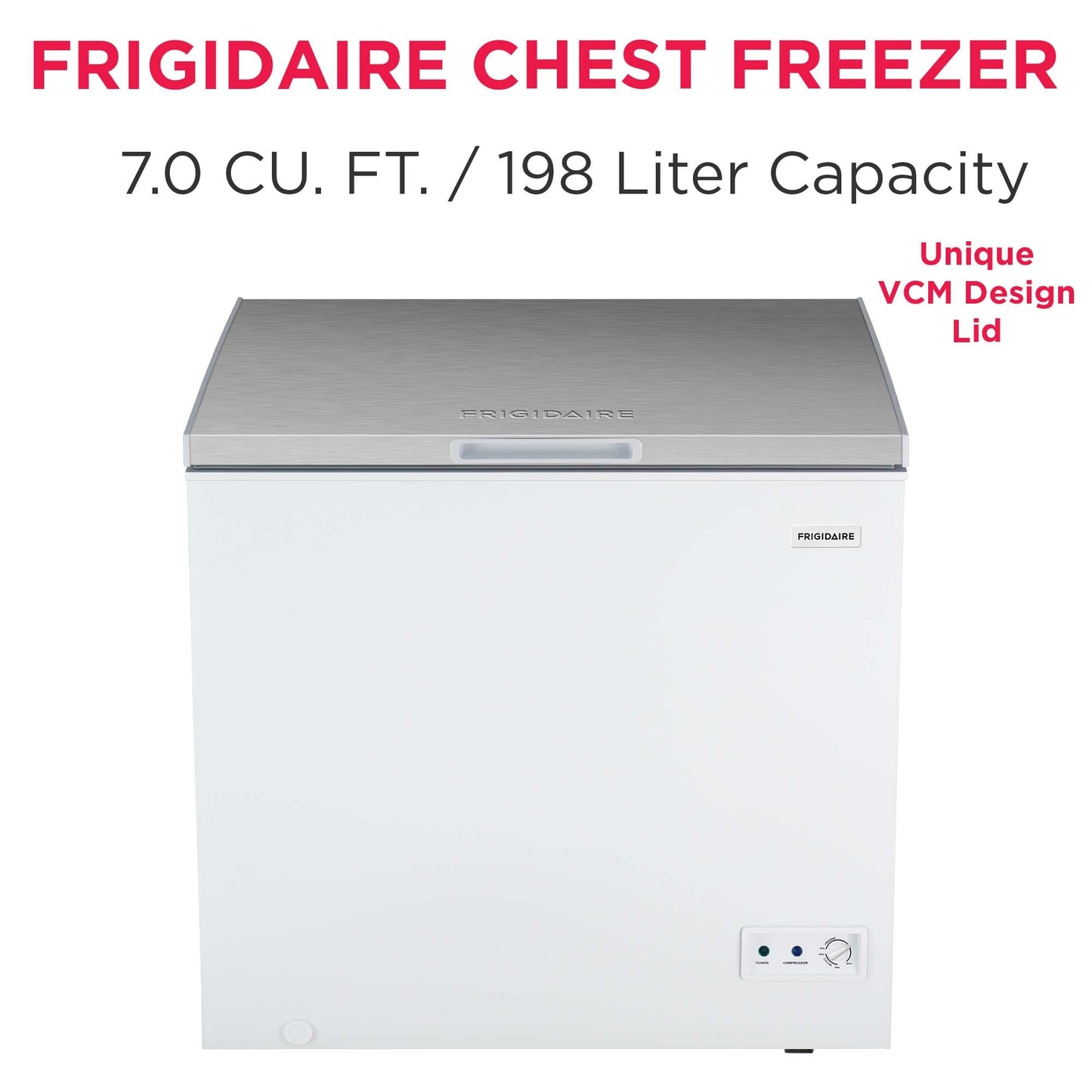 Frigidaire Chest Deep Freezer, 7 Cu. Ft. Capacity, Shiny Stainless Steel Top Lid Design-Adjustable Thermostat-Removable Vinyl Coated Wire Basket-Easy Defrost Drain- Garage Ready