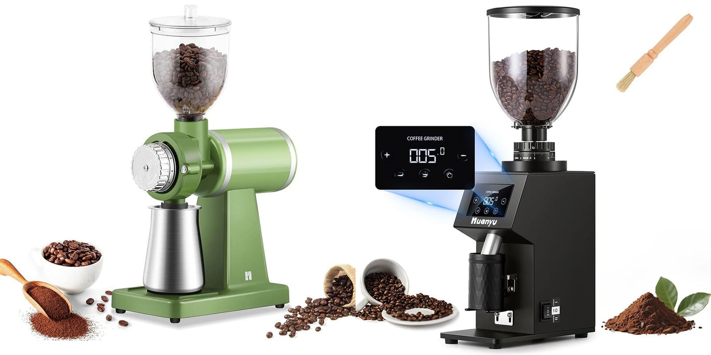 Huanyu Electric Coffee Bean Grinder 250G Automatic Burr Grinder Green and Huanyu Commercial Coffee Grinder with 64mm Flat Burr Anti-Flying Grounds Outlet 26oz Lotus Hopper Bundle