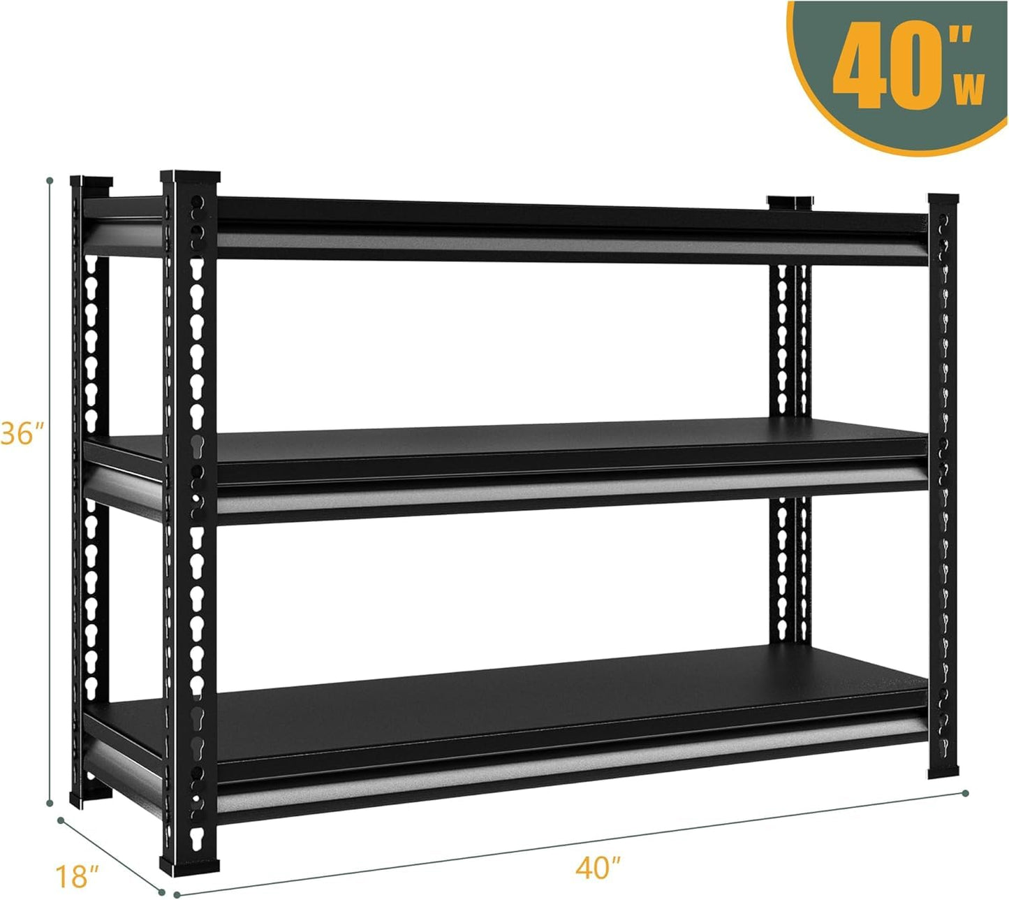 Rufokisa 3-Tier Garage Shelving Heavy Duty，36" Metal Shelving Unit for Garage, 1320 lbs Load Capacity Utility Rack Shelves＆ Storage Shelves, 40”W x 18”D x 36”H(Black)
