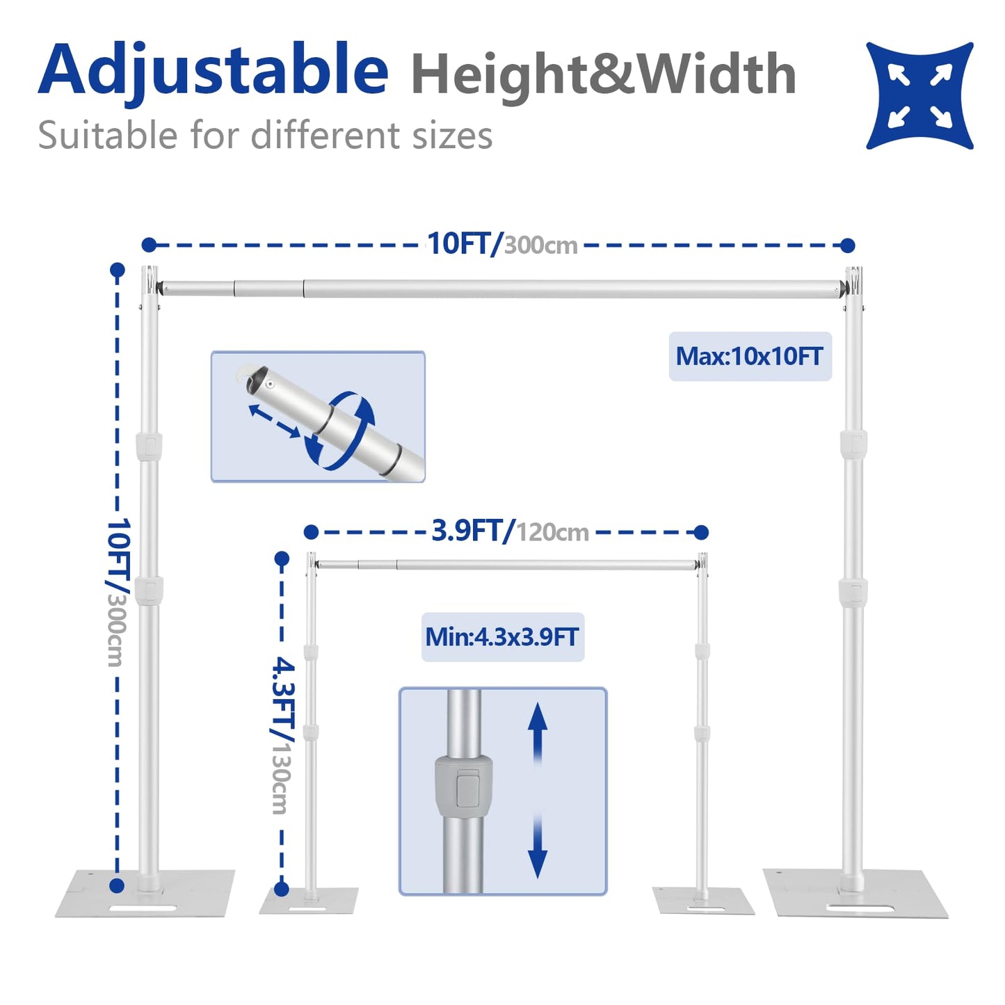 Hecis 10x10ft Heavy Duty Pipe and Drape Stand，Aluminum Backdrop Stand Kit with Adjustable Height，Portable Photography Studio Frame for Events, Wedding, Party Decorations