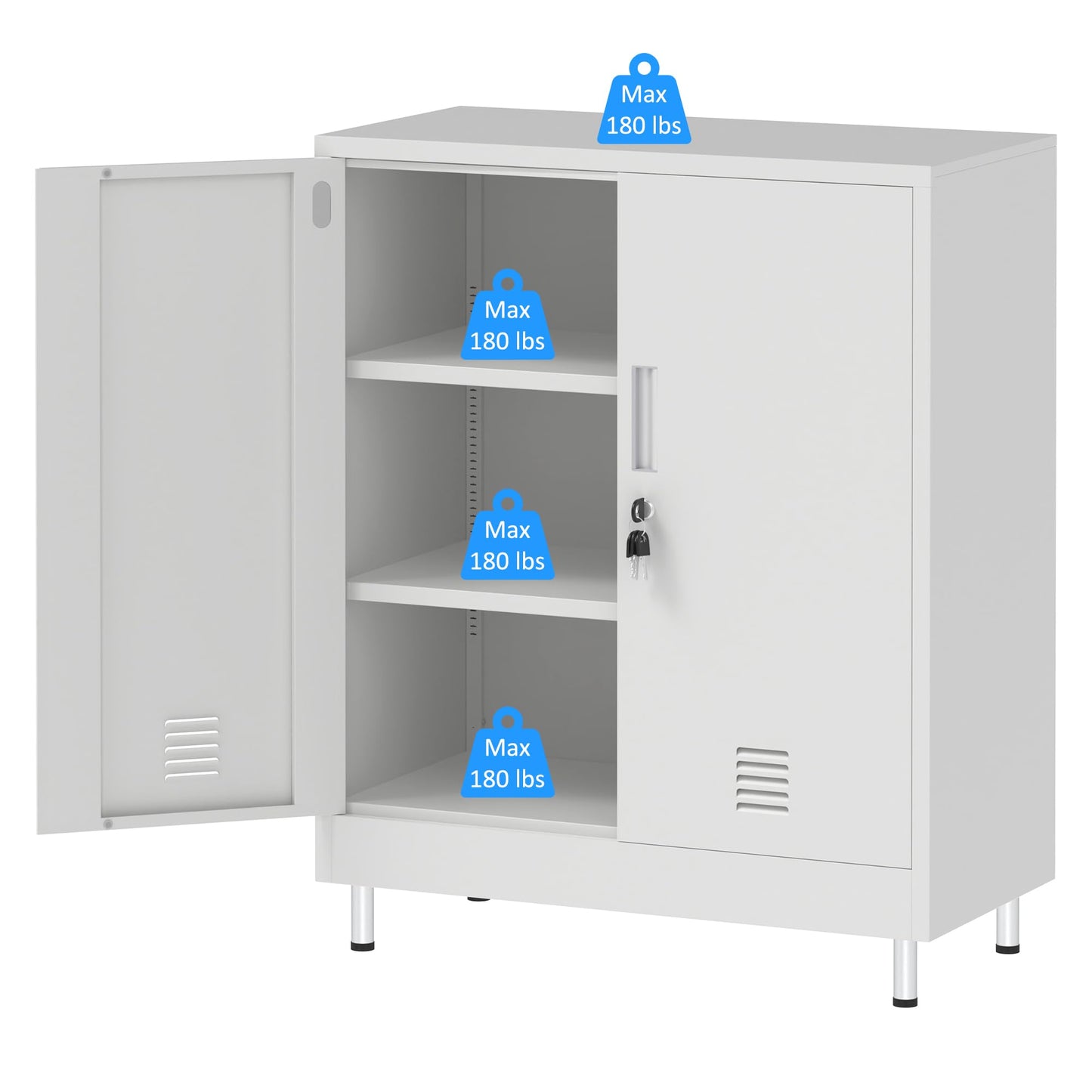 JINGUR Metal Storage Cabinet with Locking Doors and 2 Adjustable Shelves, Lockable Storage Cabinet for Home Office Garage Pantry Living Room (White)