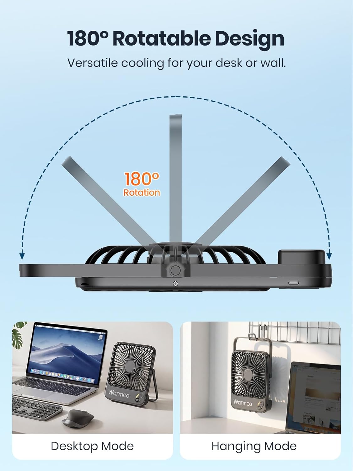 Warmco 10000mAh Portable Travel Fan - 7-Inch Ultra-Thin, Quiet & Rechargeable with 24H Runtime | Ideal for Camping, Office & Bedroom