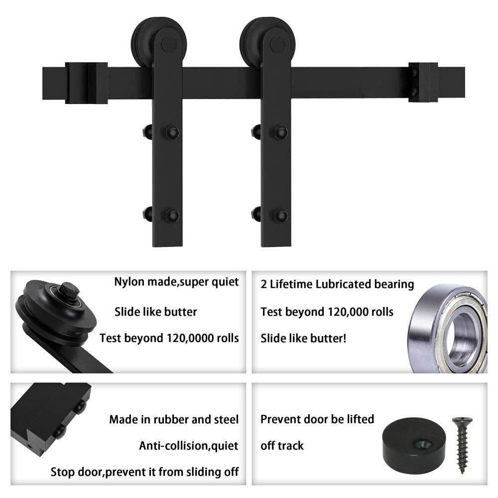 WINSOON 8FT Barn Door Hardware Kit: Single Sliding Door Hardware - Heavy Duty Black Barn Doors Track Kit - Carbon Steel Sliding Barn Doors Rail - J-Shape Easy to Install for 53" Closet Panel(No Door)