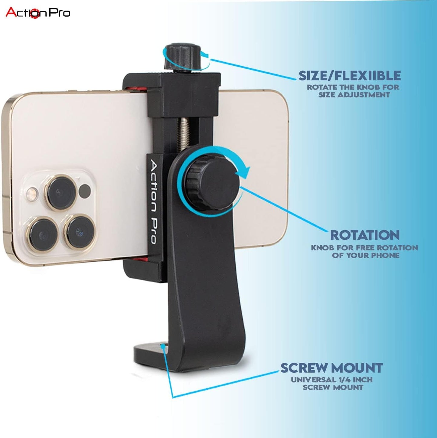 Action Pro 360 1/4 inch Phone Holder/Vertical and Horizontal Tripod Mount Adapter Rotatable Bracket with Screw