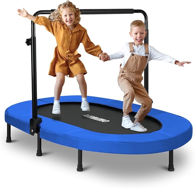 ONETWOFIT Kids Indoor Trampoline, 56" Foldable Mini Trampoline Rebounder with 5 Level Adjustable Handle Bar for 2 Childen Jumping Max Load 250 Lbs