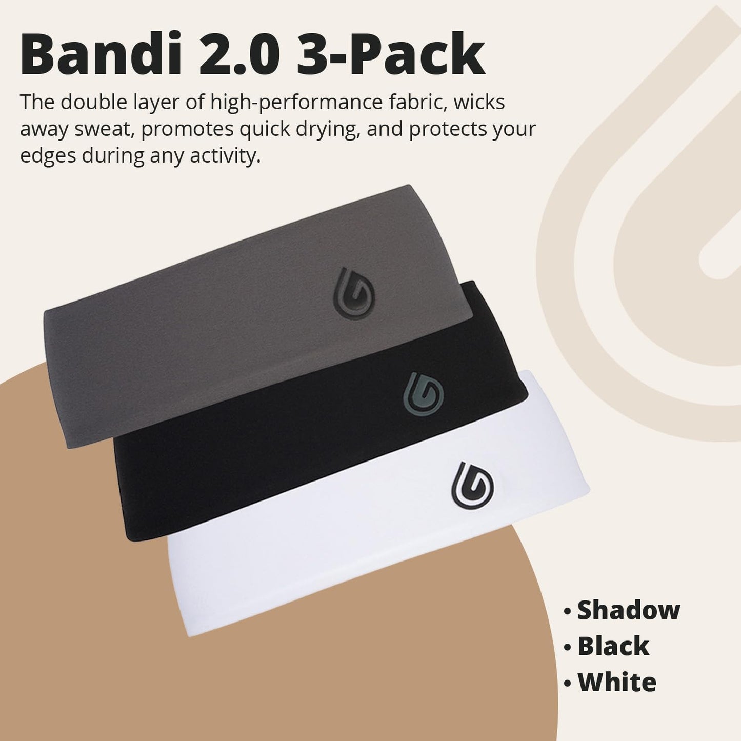 Gymwrap Bandi 2.0 Double-Layer Edge Protection Headband Set - Sweat-Wicking Non-Slip Sports Headbands for Women and Men, Headwraps For Running, Gym, Basketball, Unisex - Shadow, Black, White, 3 Pack