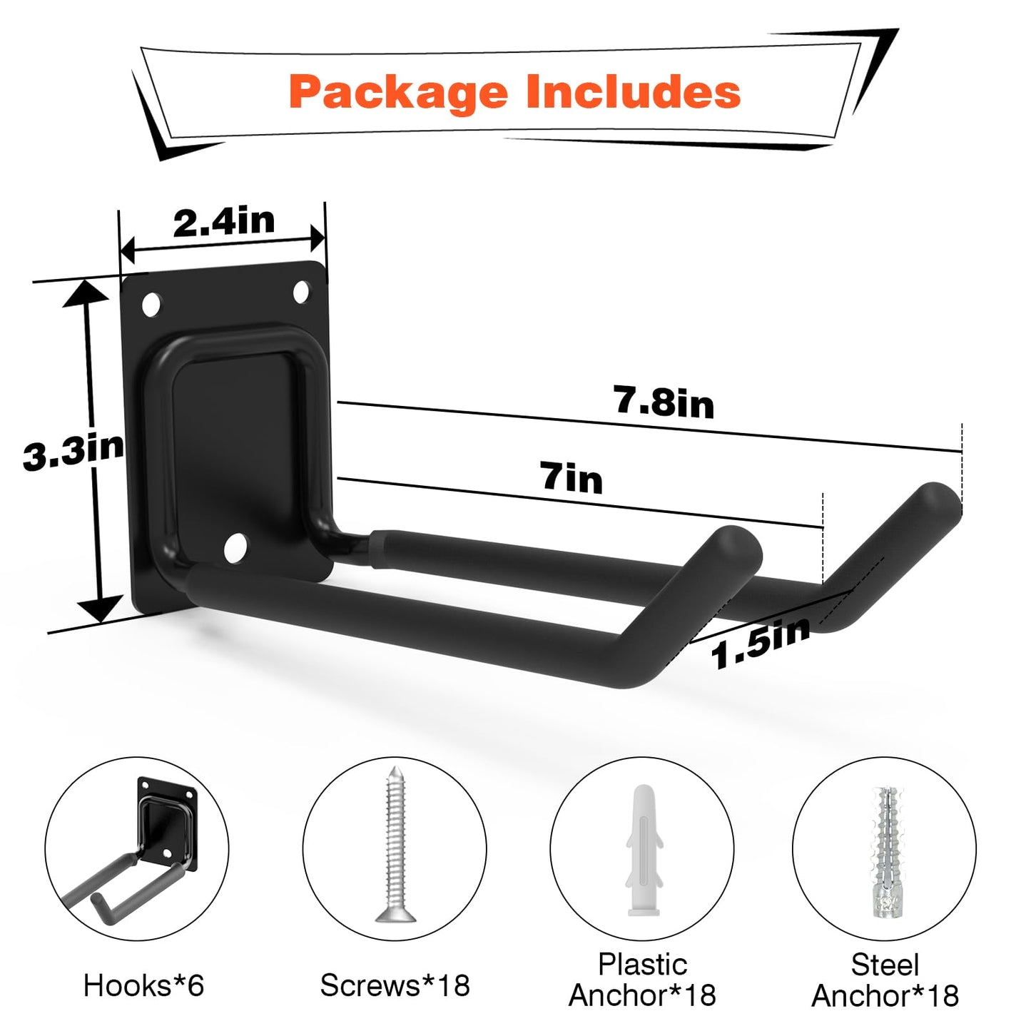 Mutilife 6 Packs 7.8inch Heavy Duty Garage Hooks, Garage Storage Organizer for Tool Organization, Shed Metal Utility Hooks Hanger for Tires, Bikes, Shed, Chair, Ladder, Ski and Snowboard