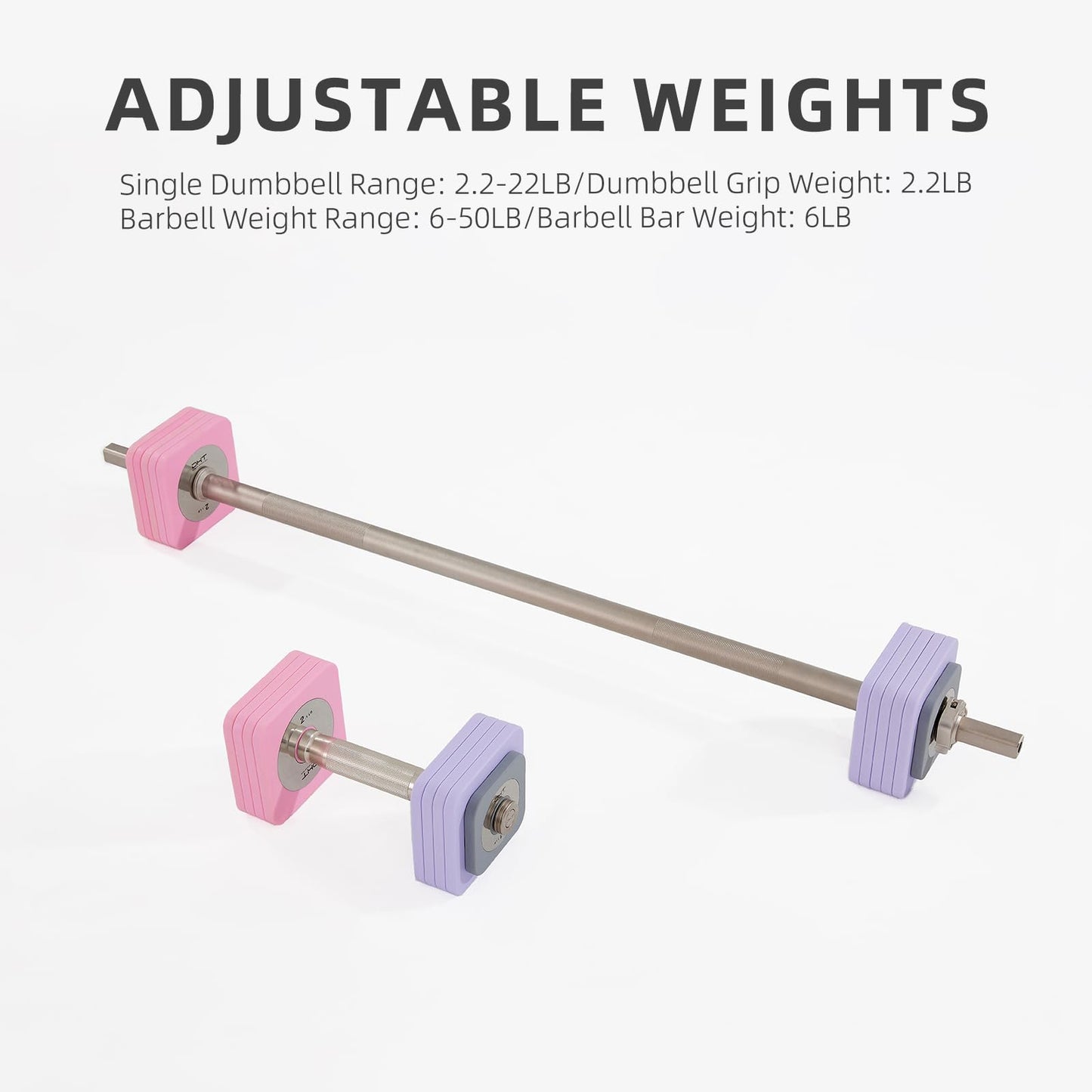 DHT Adjustable Dumbbells, Wall-Mounted Dumbbell Barbell Sets with Rack, Free Weights Dumbbells Set, All-Purpose Fitness, Anti-Rolling, Weights Set for Home, Gym, Office, 2.2-50 lbs, 1 Set / 2 in 1 Macaron
