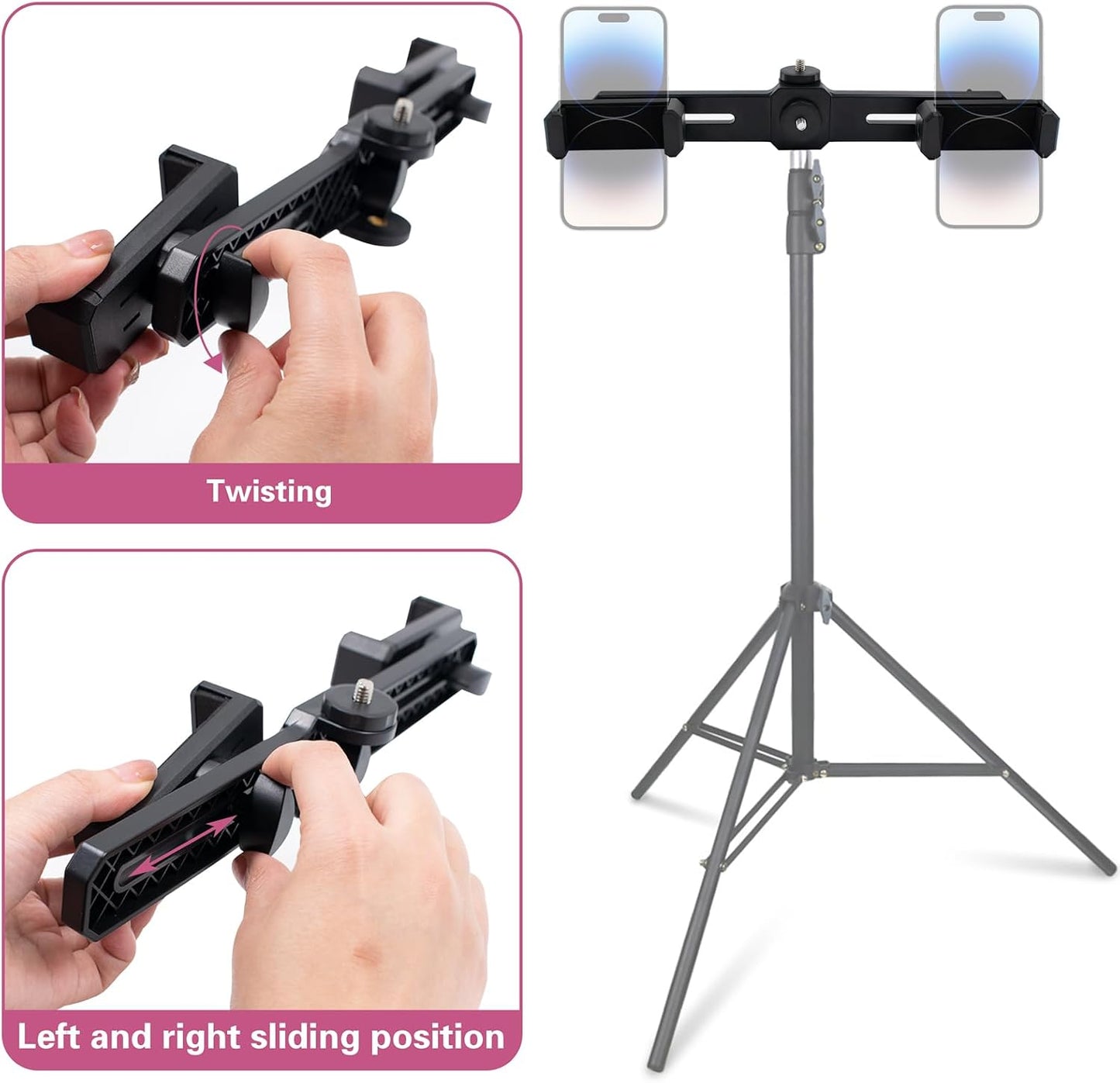 JoyHuaTrade 360 1/4'' Dual Phone Holder Phone Tripod Mount Adapter, Universal Rotation Adjustable Clip Stand for Vlog