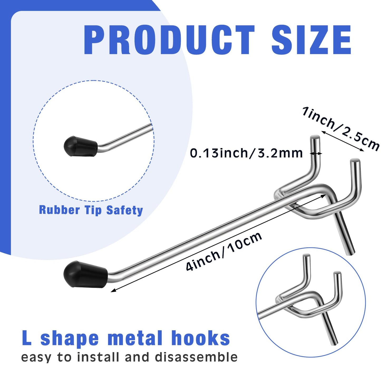 Tatuo 200 Pcs Pegboard Hooks Galvanized Metal Pegs with Rubber Tip Fit 1/4" 1/8" for Garage Store Wall Tool Organization Display(4 Inch)