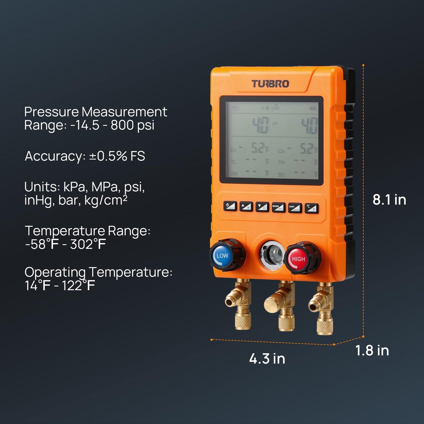 TURBRO Digital Manifold Gauge Set with 2 Wired Temperature Clamps and 3 Hoses, HVAC System Pressure and Temperature Measurement, Compatible with 88 Refrigerants, MG800-PRO