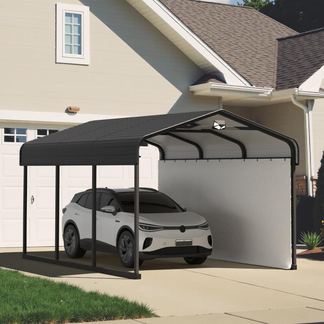Benass 10x15FT Heavy Duty Metal Carport, Galvanized Steel Roof Portable Garage with PE Sidewalls, 2x2 Reinforced Square Tube Frame, All-Weather Waterproof Shelter for Car, Truck, Boat