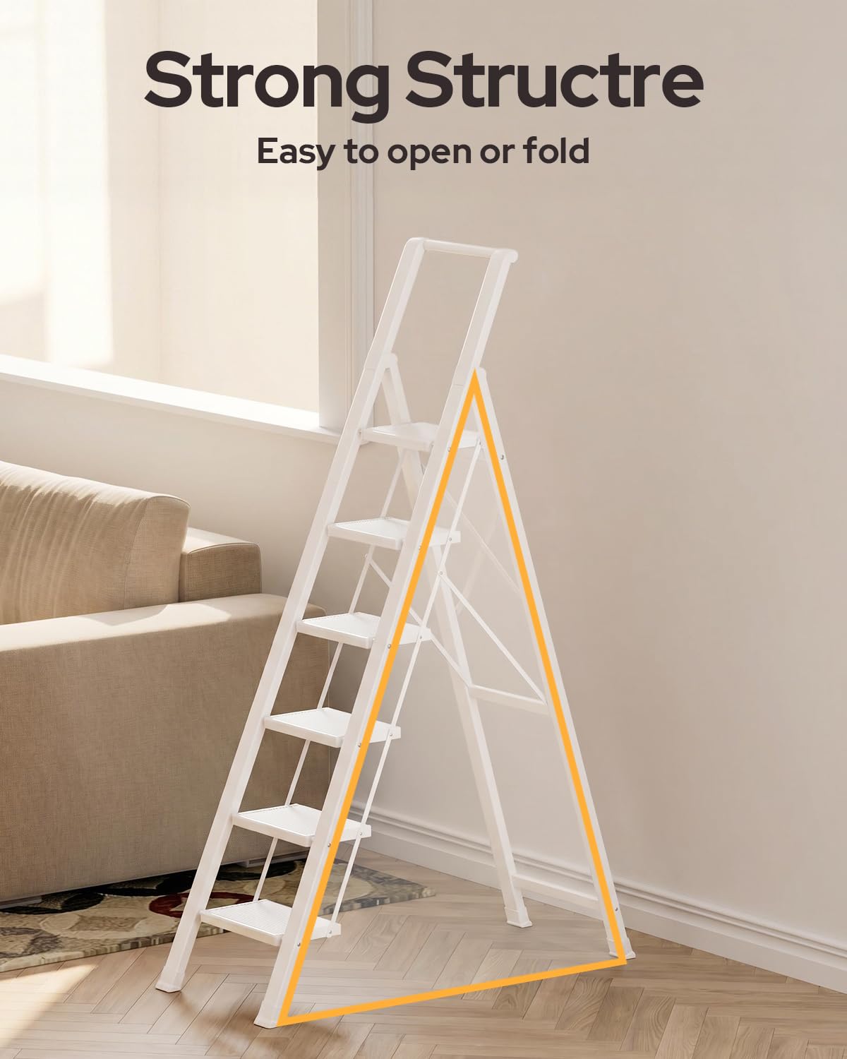 GameGem 6 Step Ladder for 12 Feet High Ceiling, Lightweight Aluminum Folding Step Stool with Convenient Handgrip, Stepladders with Anti-Slip and Wide Pedal for Home Use Space Saving - White