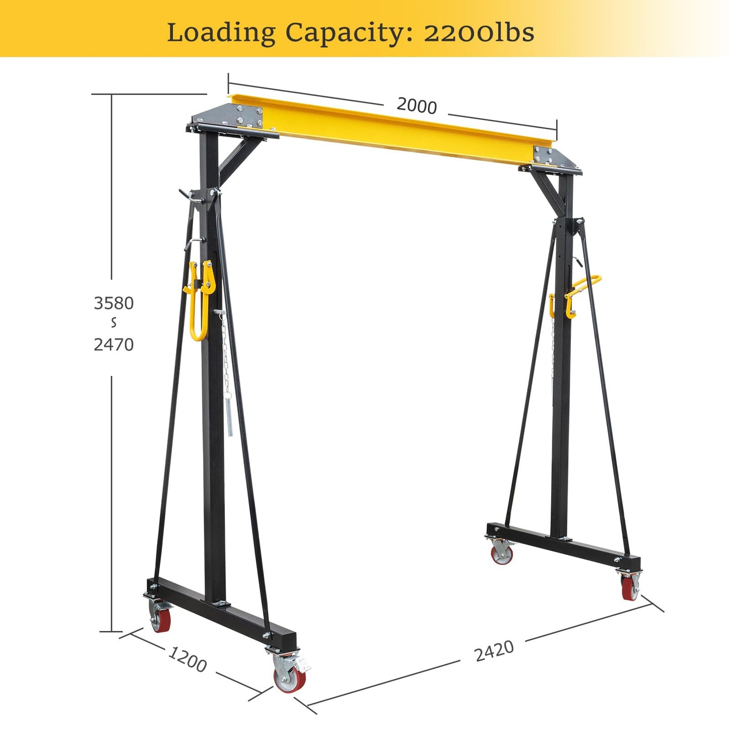 ExploreHorizon Adjustable Gantry Crane, 1 Ton Portable Lift Hoist with Height Range of 97" to 141", 2200 Lbs Load Capacity, Perfect for Factories, Construction Sites, Warehouses, and Auto Repairs