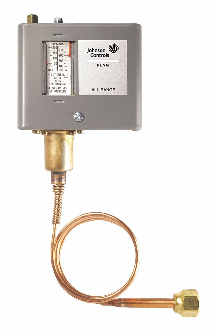 Johnson Controls P70BA-1C Penn Series P70 Standard Electromechanical Pressure Control, Open Low SPST Switch, 20" Hg-100 psi, Manual Reset Lockout, 36" Capillary with 1/4" Flare Nut