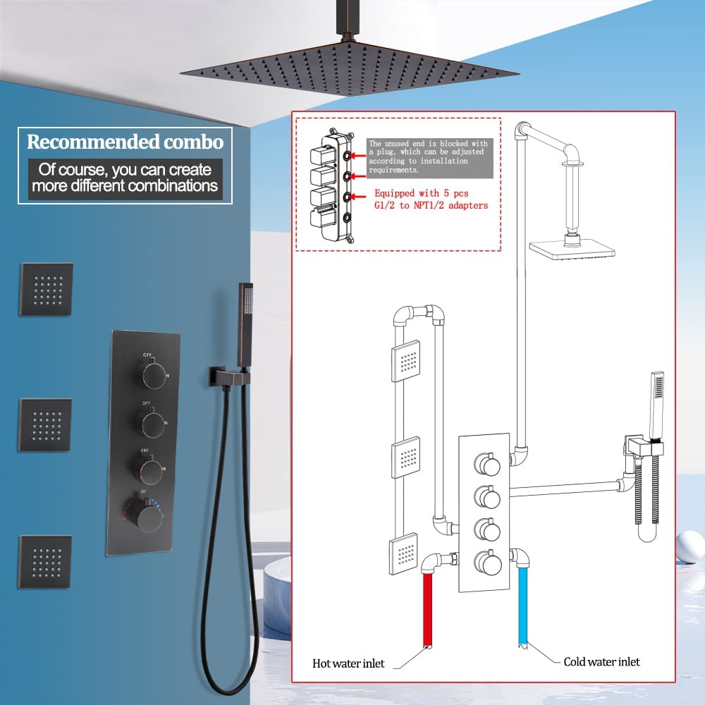 Modern Thermostatic 4 Handles Shower Diverter Valve, Concealed Brass 3 Outlets Mixer Mixing Shower Valve Rough-in Faucet Valve Kit Can Control Flow, Oil-Rubbed Bronze Finish