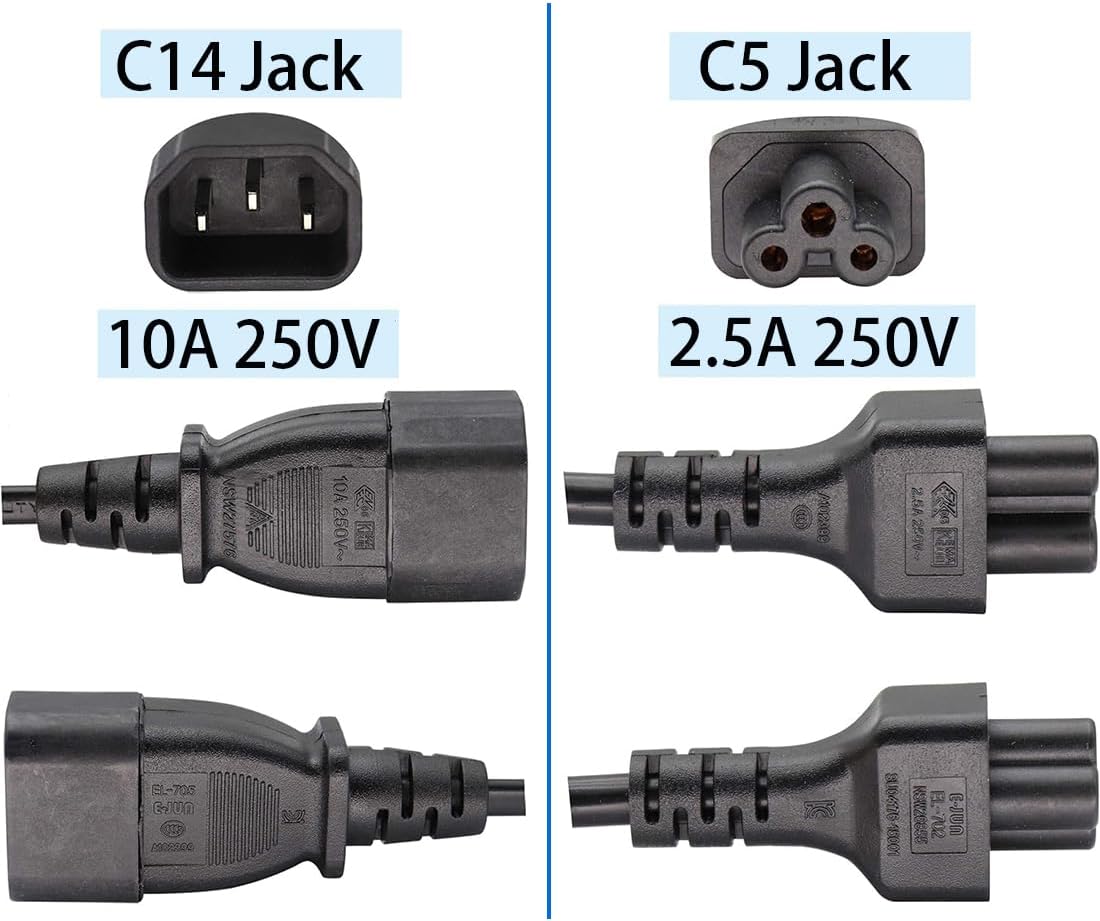 TEWOXIN 0.3M C14 C5 250V 10A, (0.3M C14 C5 IEC to Power Cord, for Laptop Power Supply, Monitor, Printer and More