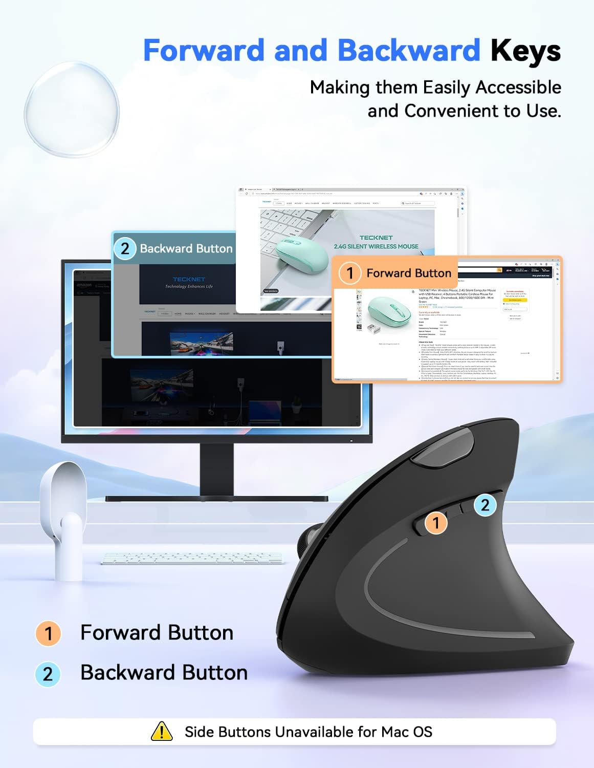 TECKNET 2.4G 4800 5 6 Ergonomic Mouse Vertical Wireless - DPI Optical Carpal Tunnel Mouse Right Hand, Adjustable DPI
