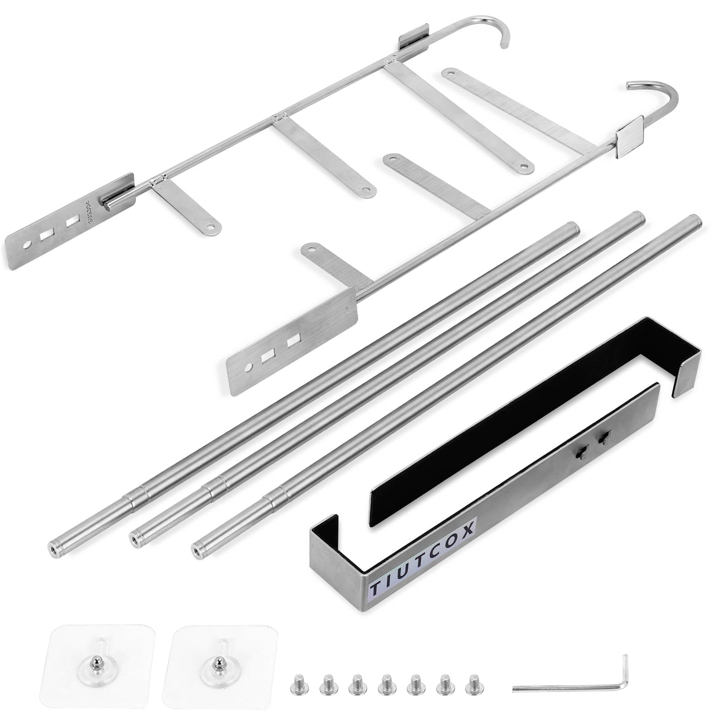 TIUTCOX Over The Door Towel Rack, 304 Stainless Steel Towel Racks for Bathroom with 3-Tier Adjustable Pole, 2 Punch-Free Screw Stickers, 22.83 * 17.71-29.52 * 6.14 Inch, Silver