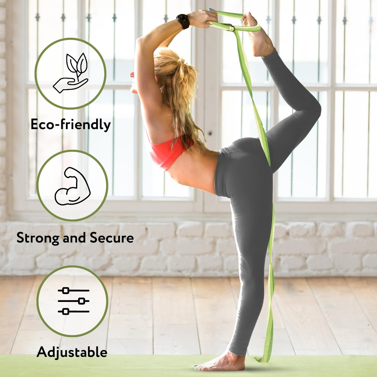 California Yoga Strap | Yoga Belt with Safe Adjustable D-Ring Buckle for Pilates | Stretching Strap | Exercise Bands | Physical Therapy | Improves Sitting Posture | Green | Pack of 1-10ft