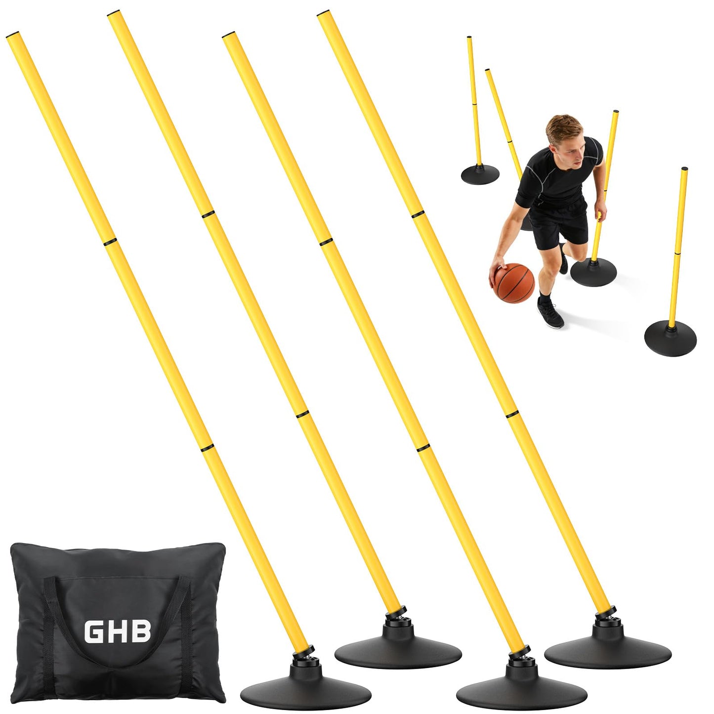 GHB Agility Poles 4 Pack 50" Rebound Sports Basketball Training Poles,Detachable Speed Training Equipment Football Accessories with Rubber Base